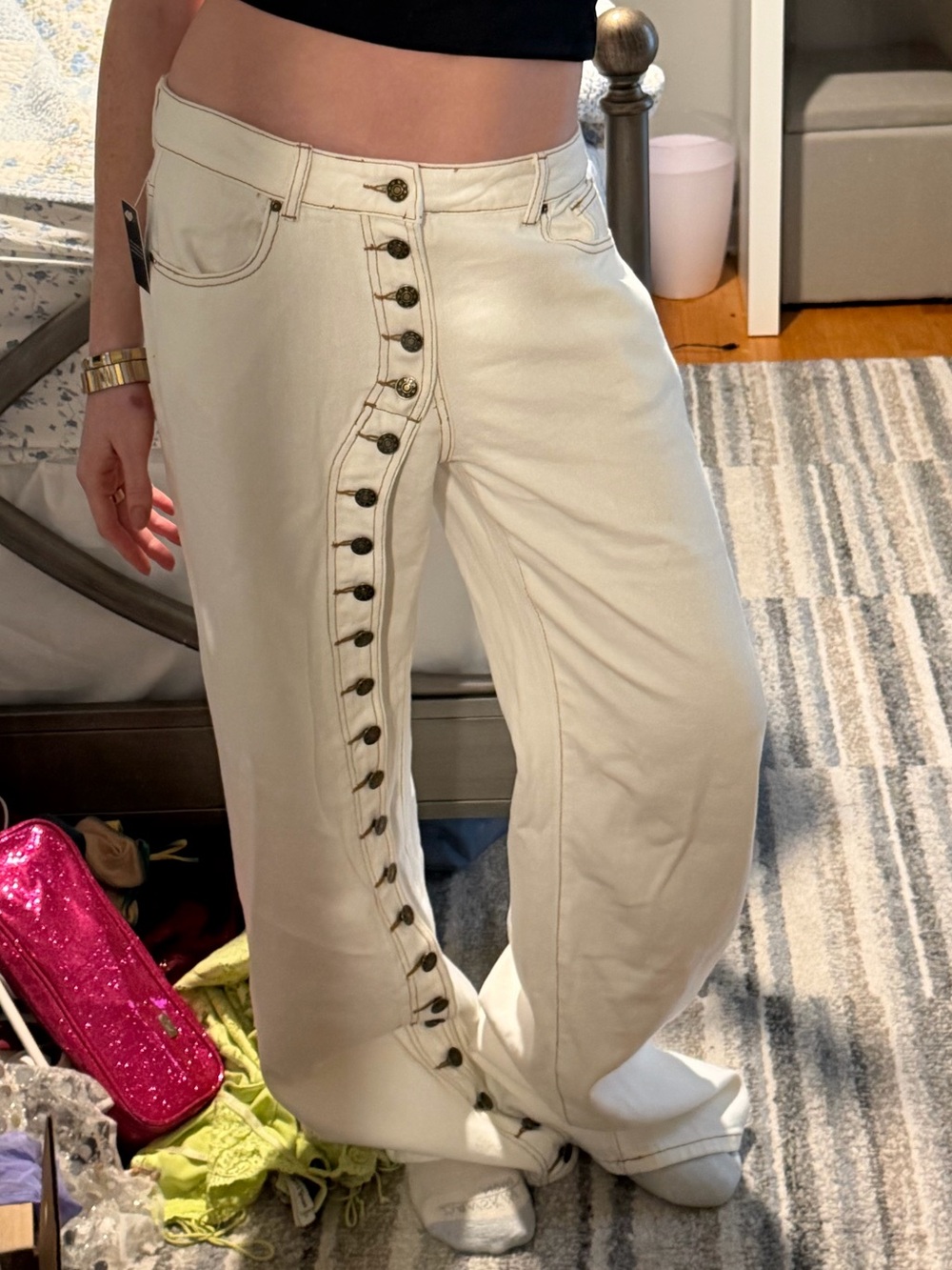 Lioness White Jeans with Contrast Gold Stitching